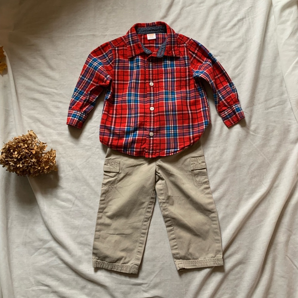 Gymboree red & blue plaid button-up shirt with Jumping Beans khaki pants 24 mo’s